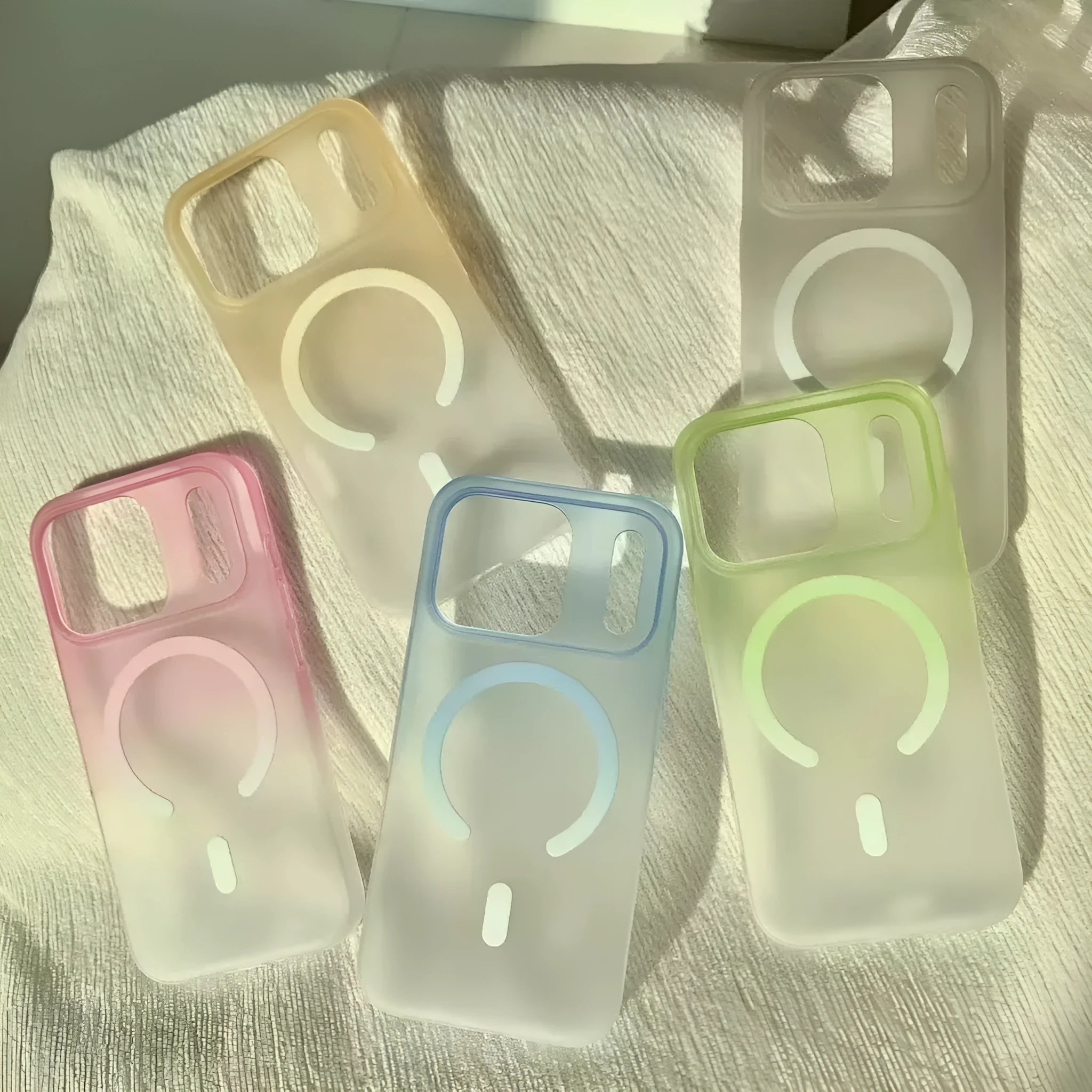 Frosted gradient blue magnetic suction phone case for iPhone, showing ultra-thin PC construction.