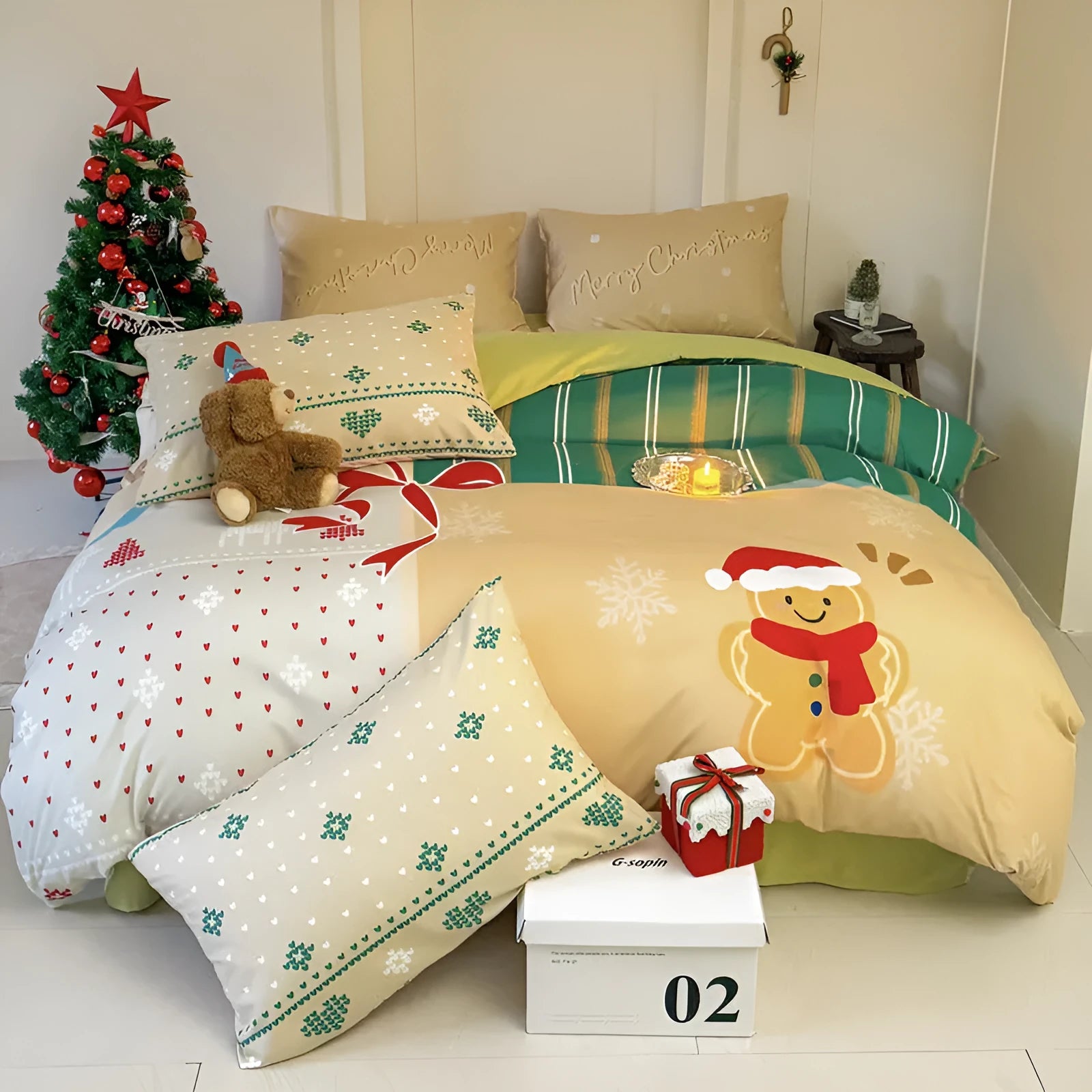Christmas cartoon printed four-piece bedding set with sheet, quilt cover, and pillowcases.