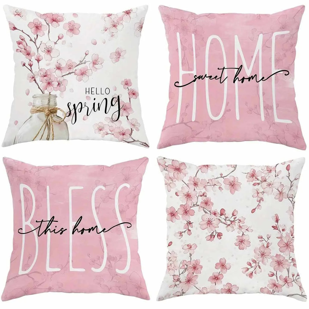 Square short velvet pillow cover with cherry blossom print, 45cm size, shown in one of four colour options.