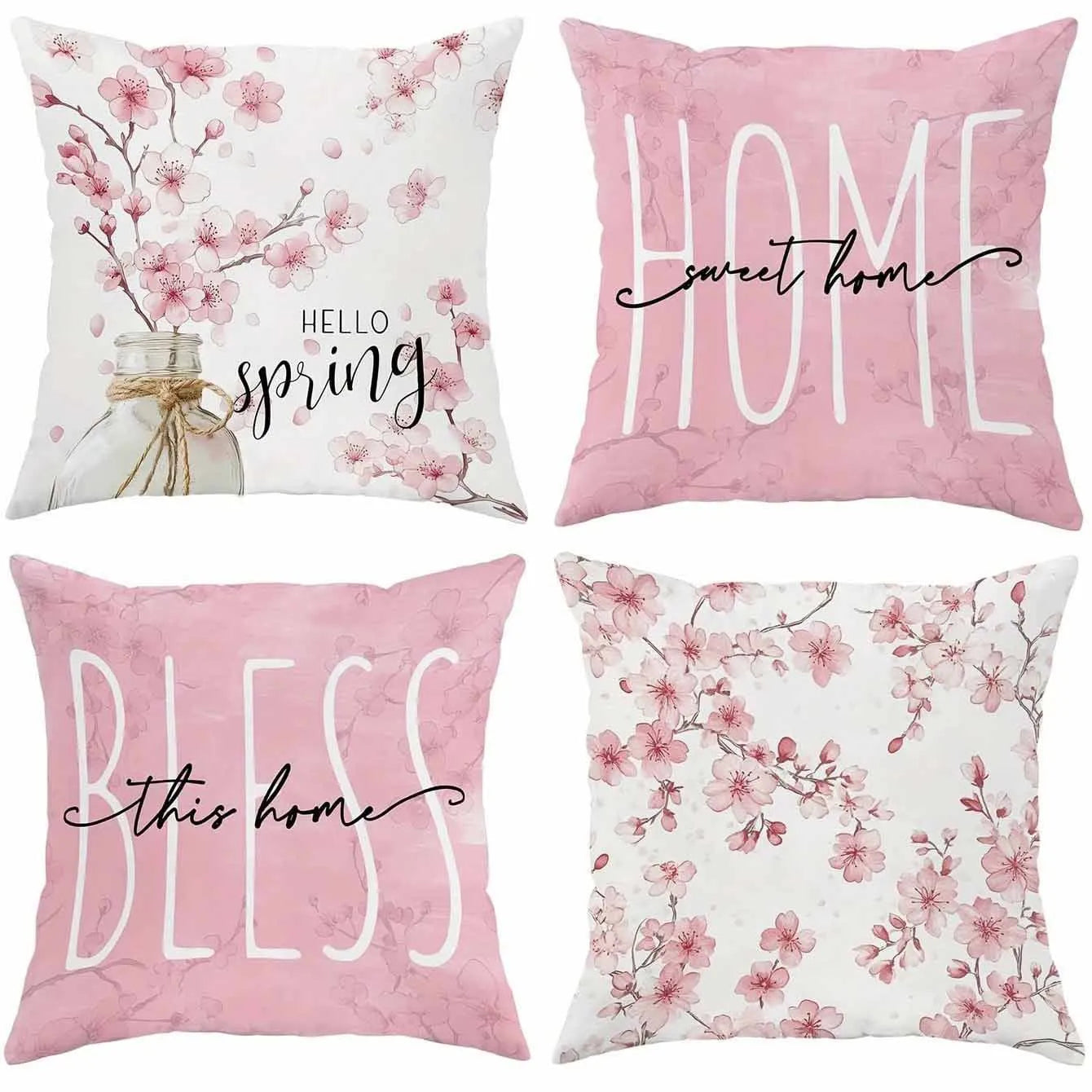 Square short velvet pillow cover with cherry blossom print, 45cm size, shown in one of four colour options.