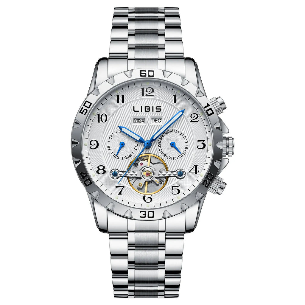 Men's silver steel automatic perpetual calendar mechanical watch with stainless steel strap and sapphire crystal