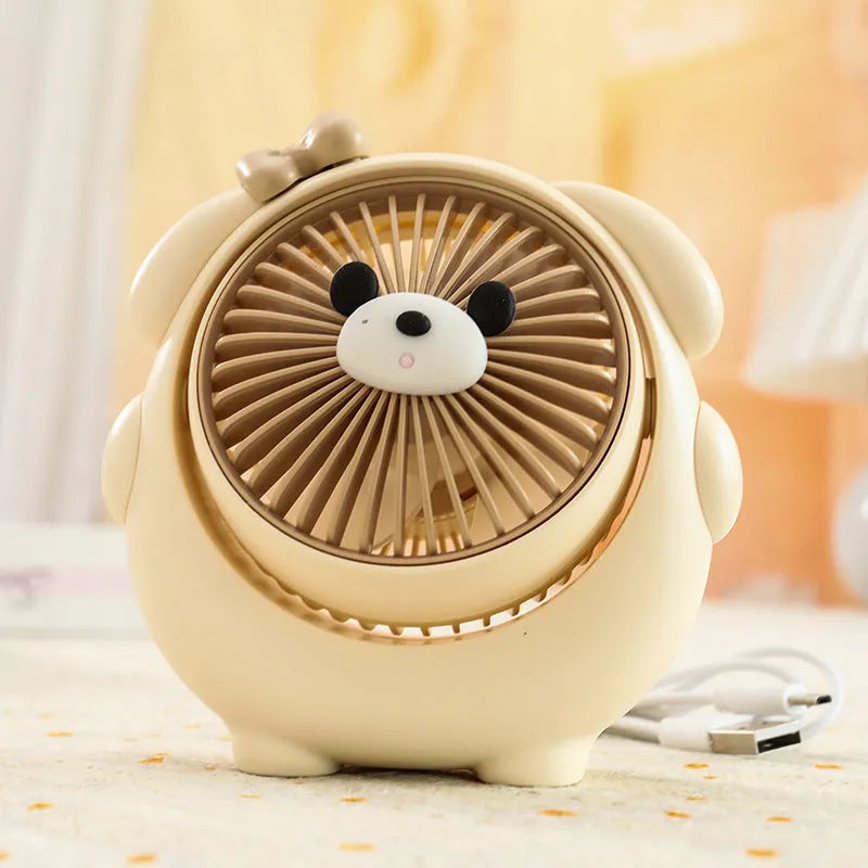 Cute animal-themed USB desk fan in brown puppy design showing three speed settings