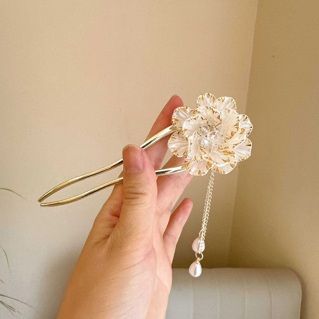 Purple and white peony flower U-shaped hairpin with retro tassel decoration on alloy barrette