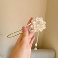 Purple and white peony flower U-shaped hairpin with retro tassel decoration on alloy barrette