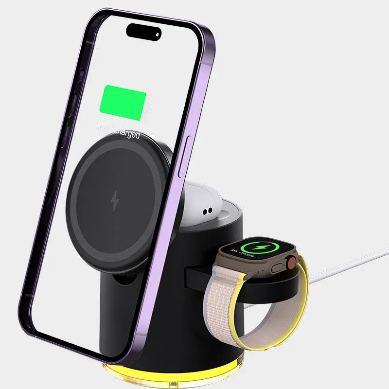 C16 folding three-in-one wireless charger in black showing phone, watch and earphones charging simultaneously