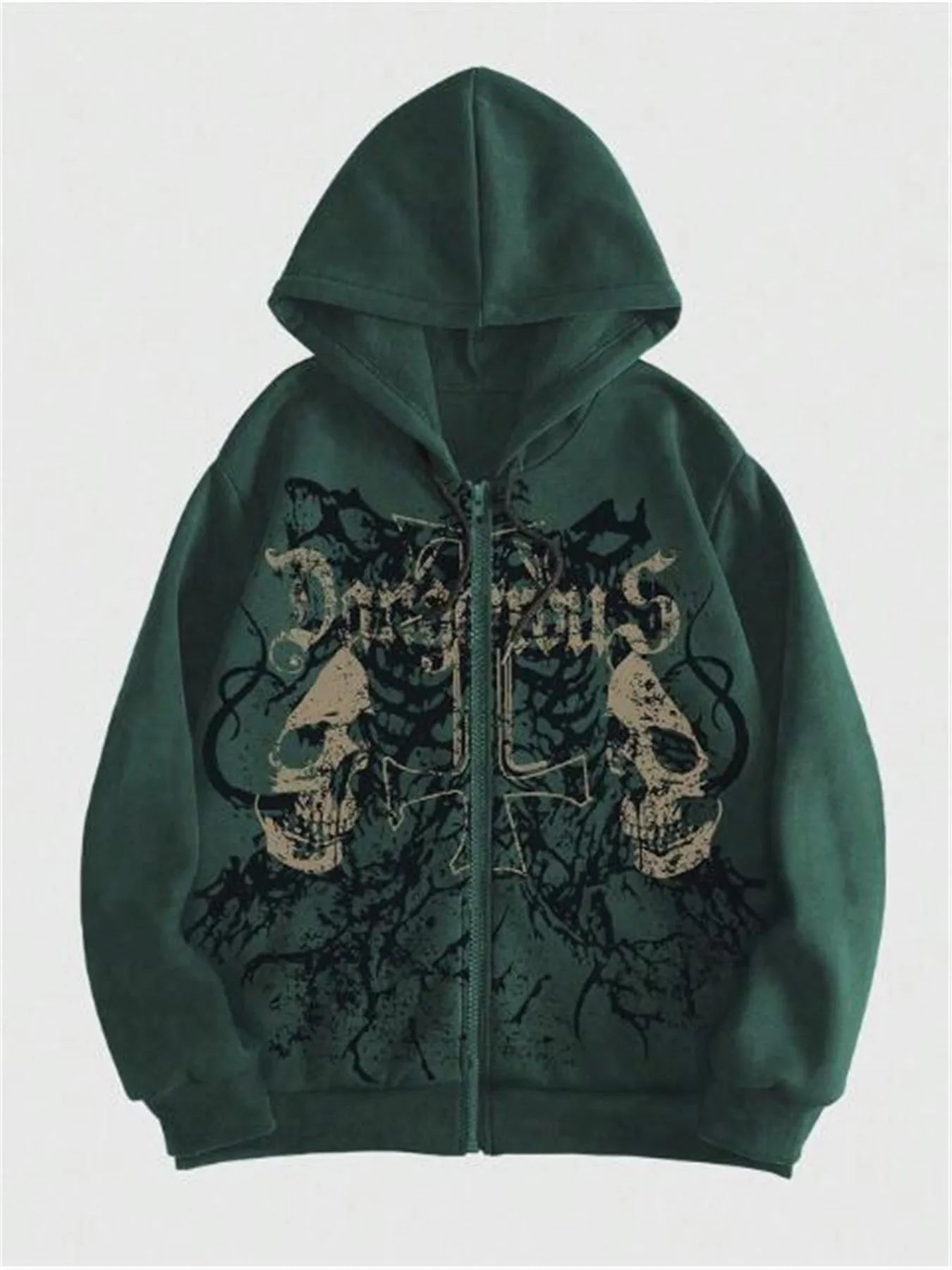 Man wearing a black hooded sweatshirt with a large white skull print on the front.