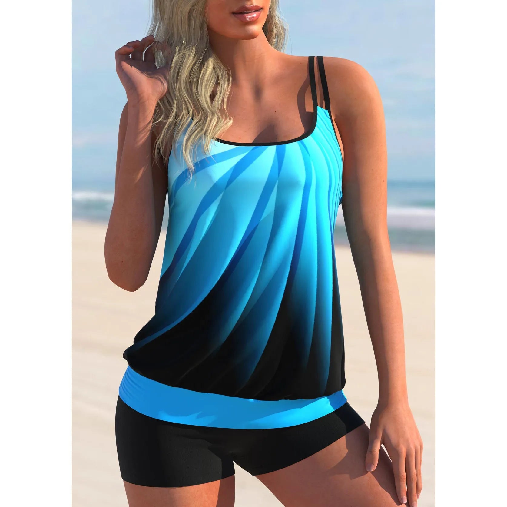 Plus size women's swimsuit set with butterfly print, adjustable strap top, and conservative beach shorts