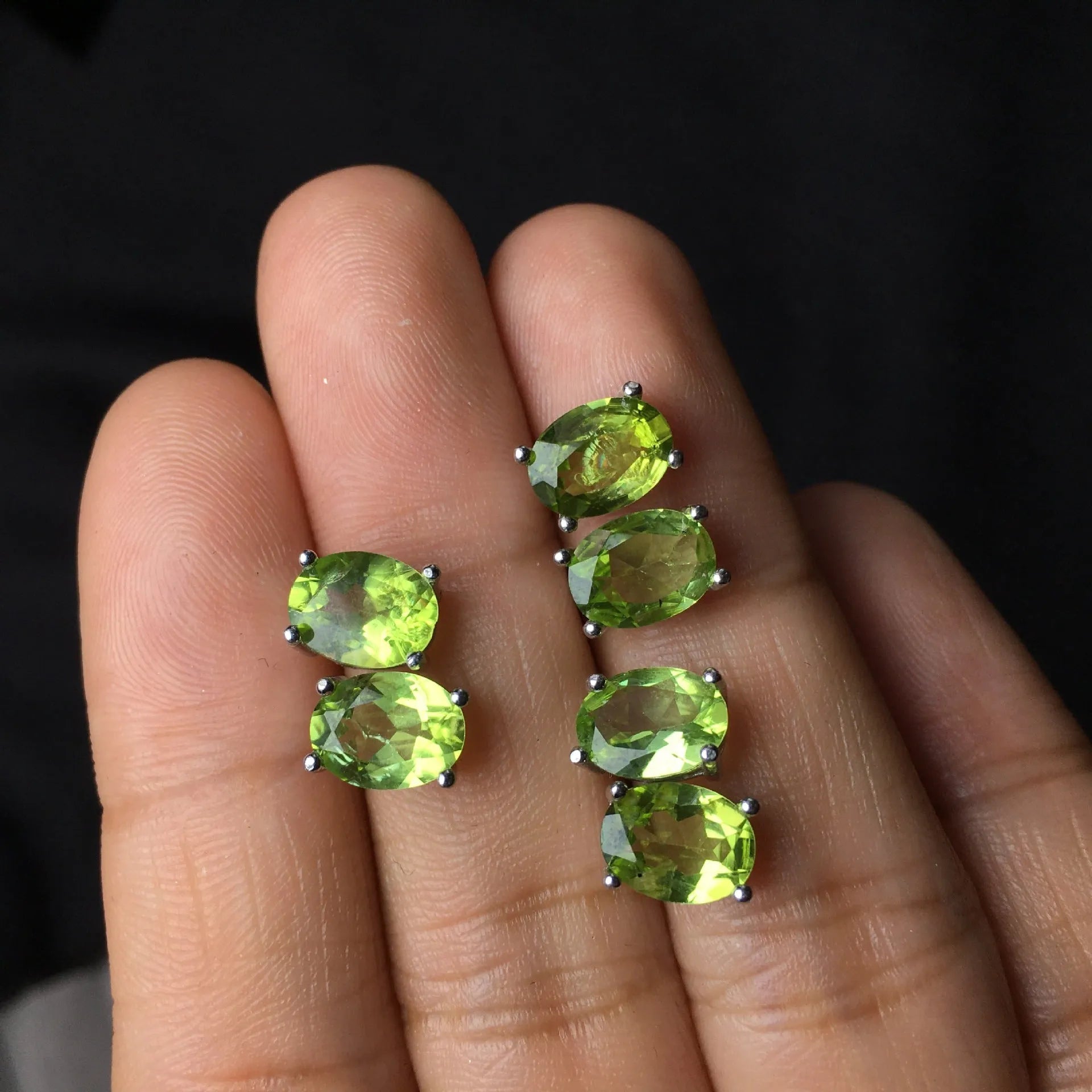 Grass green natural olivine stud earrings in S925 sterling silver with 6×8mm elliptical stones