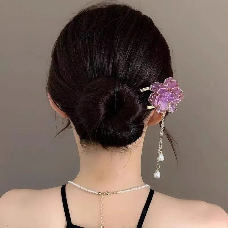 Purple and white peony flower U-shaped hairpin with retro tassel decoration on alloy barrette