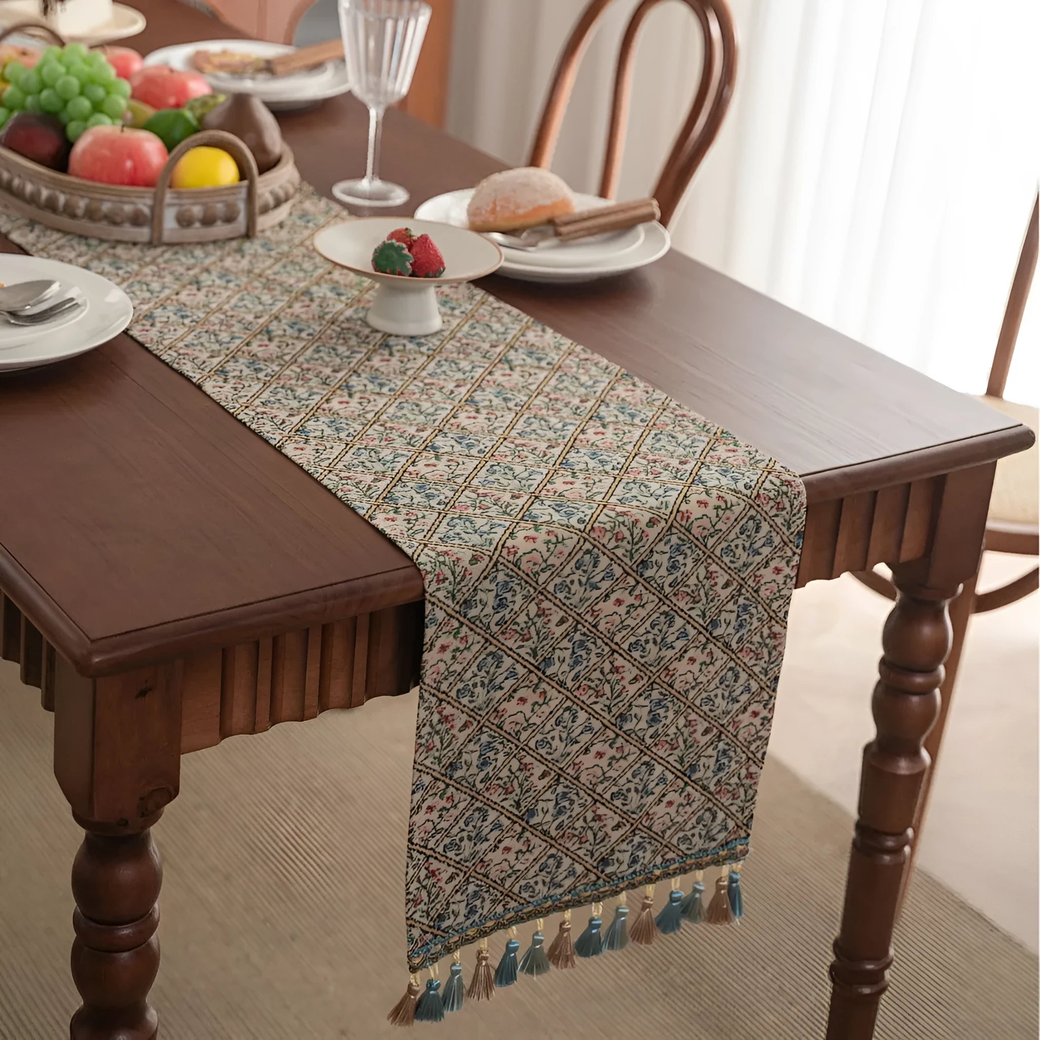 Nordic Jacquard striped bouquet pattern table runner with decorative tassels in dark blue