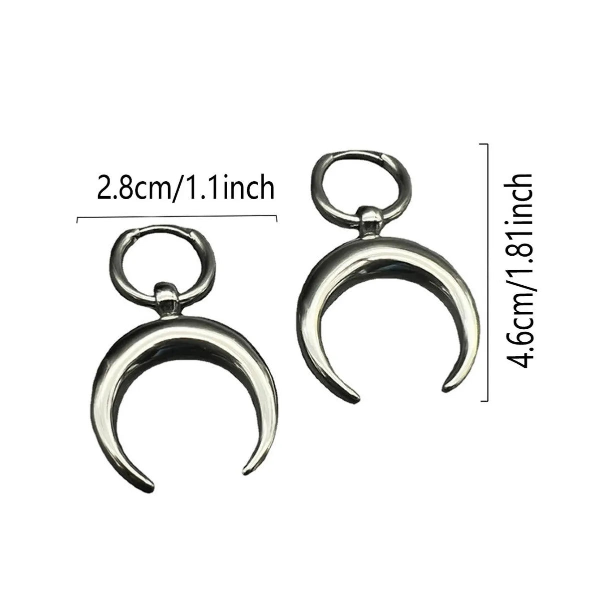 Silver geometric moon hoop earrings with clip-on back for punk gothic style