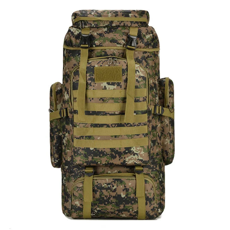 110L outdoor travel backpack with air pillow belt system in jungle camouflage colour