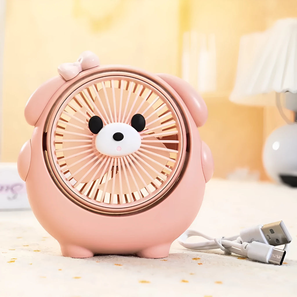 Cute animal-themed USB desk fan in brown puppy design showing three speed settings