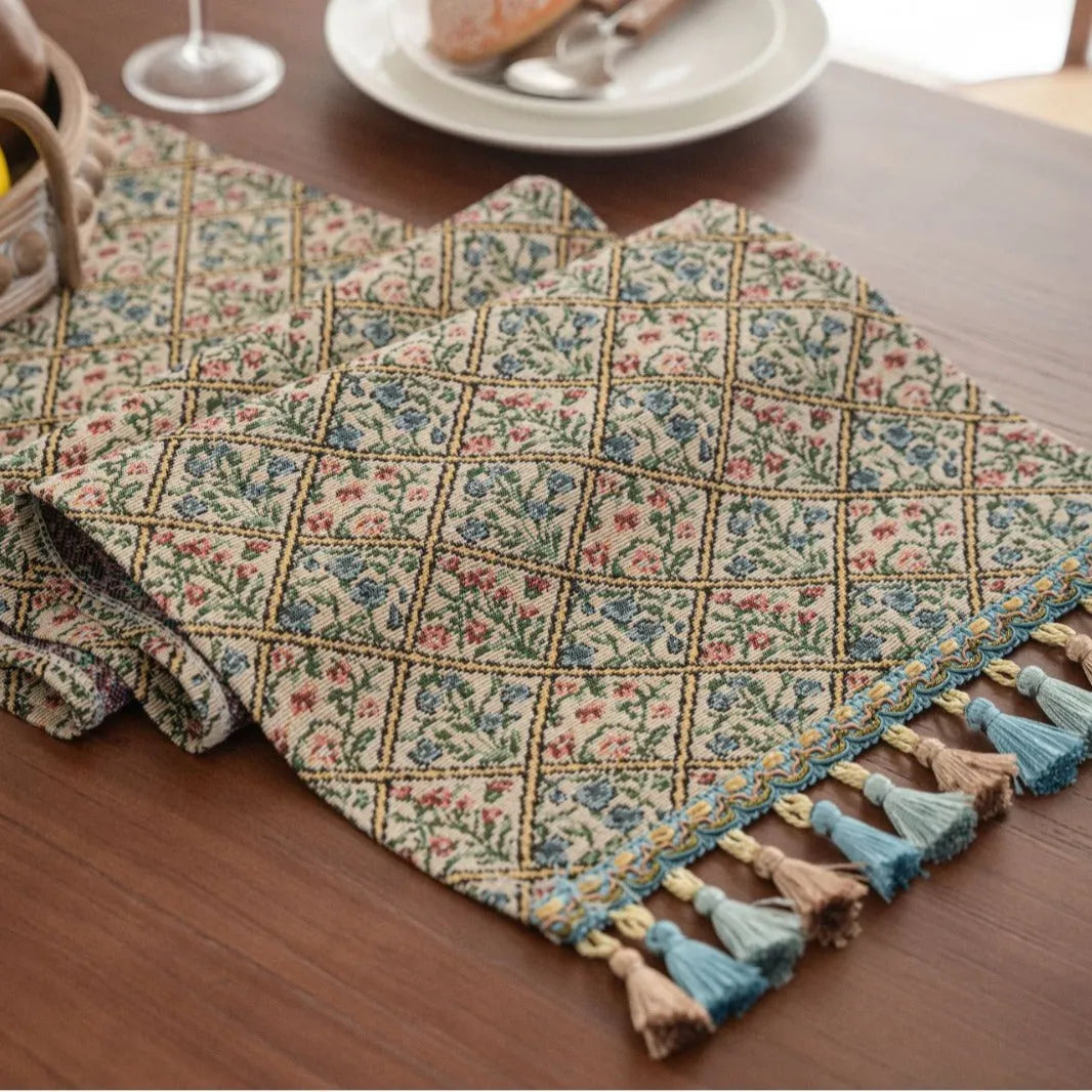 Nordic Jacquard striped bouquet pattern table runner with decorative tassels in dark blue