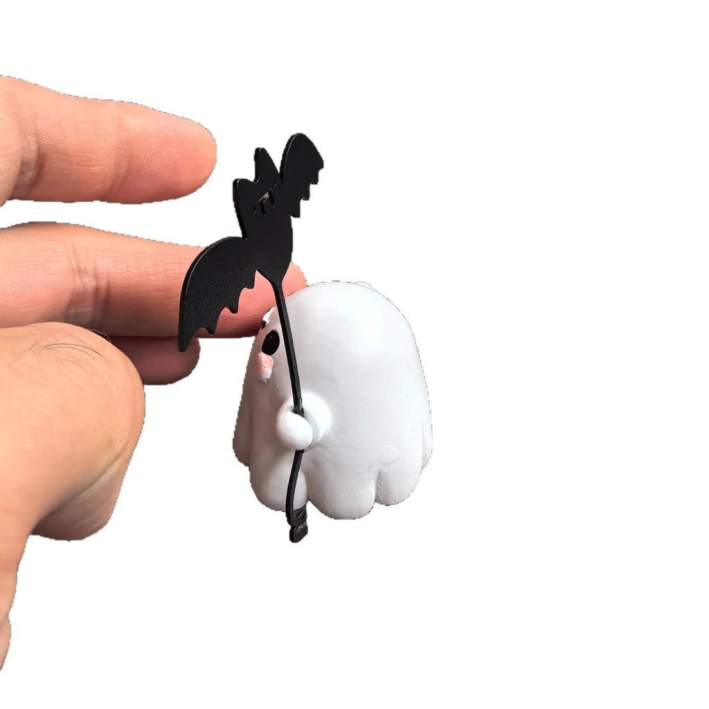 Mini resin Halloween ghost statue walking a dog and holding a bat, 4cm tall