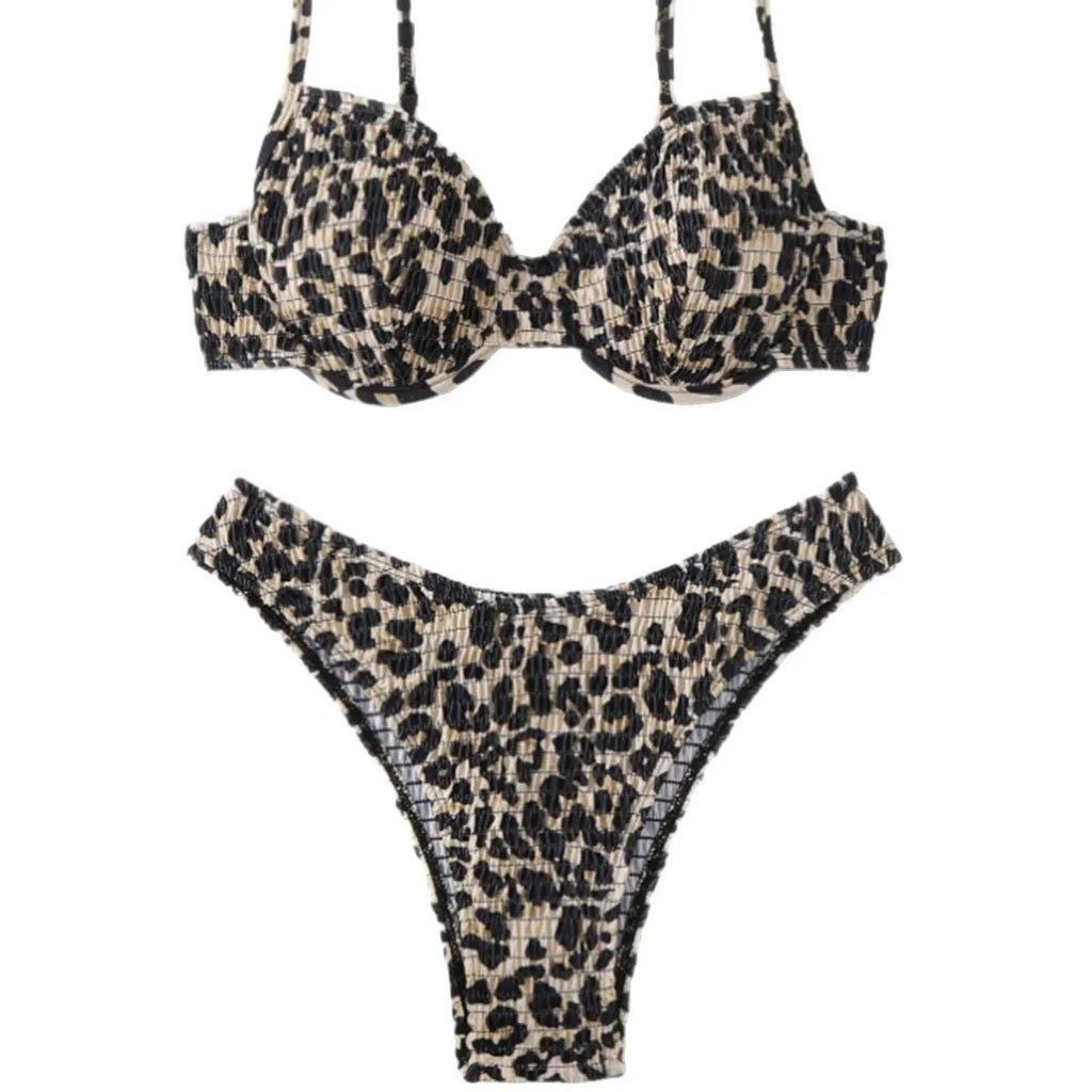 Leopard print bikini swimsuit set for women with backless design in brown mixed colour