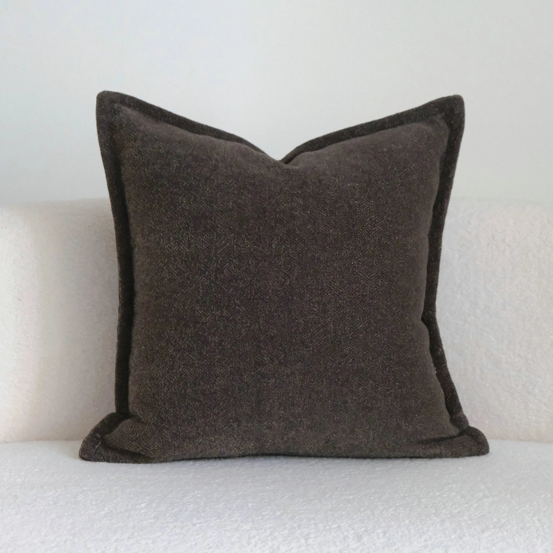 Coffee brown striped mid-century cushion pillow on sofa in square and rectangular sizes