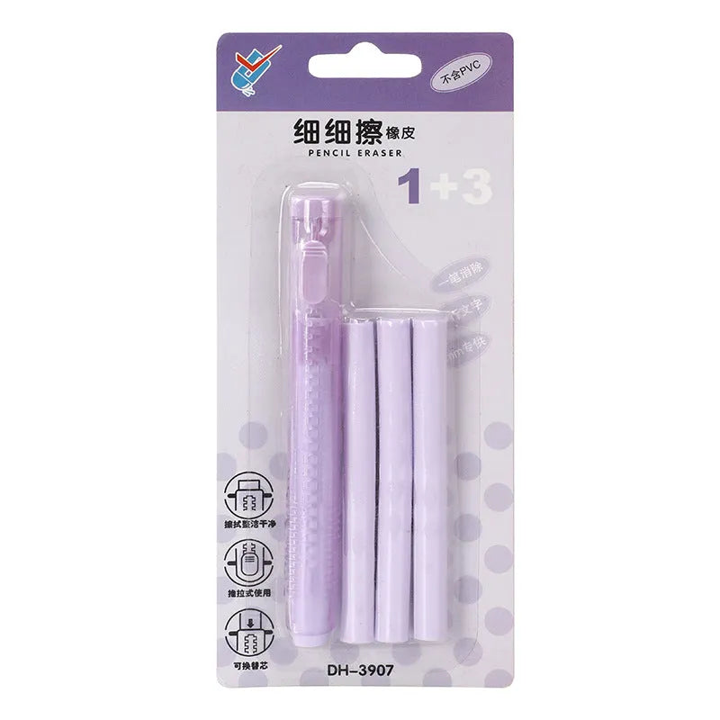 Blue push-type automatic children's eraser with traceless function, 12cm long.