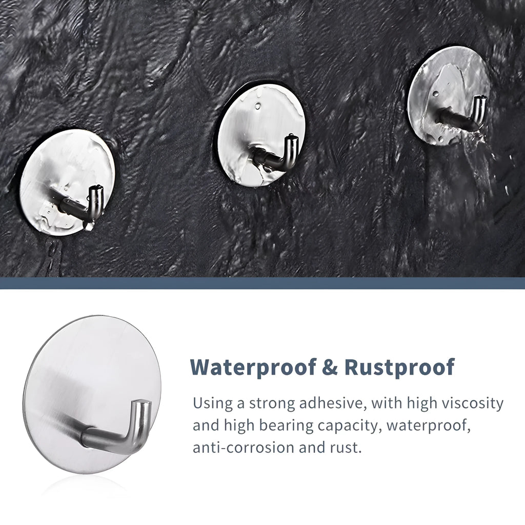 Stainless steel self-adhesive hook in black and polished finishes for bathroom or kitchen use.