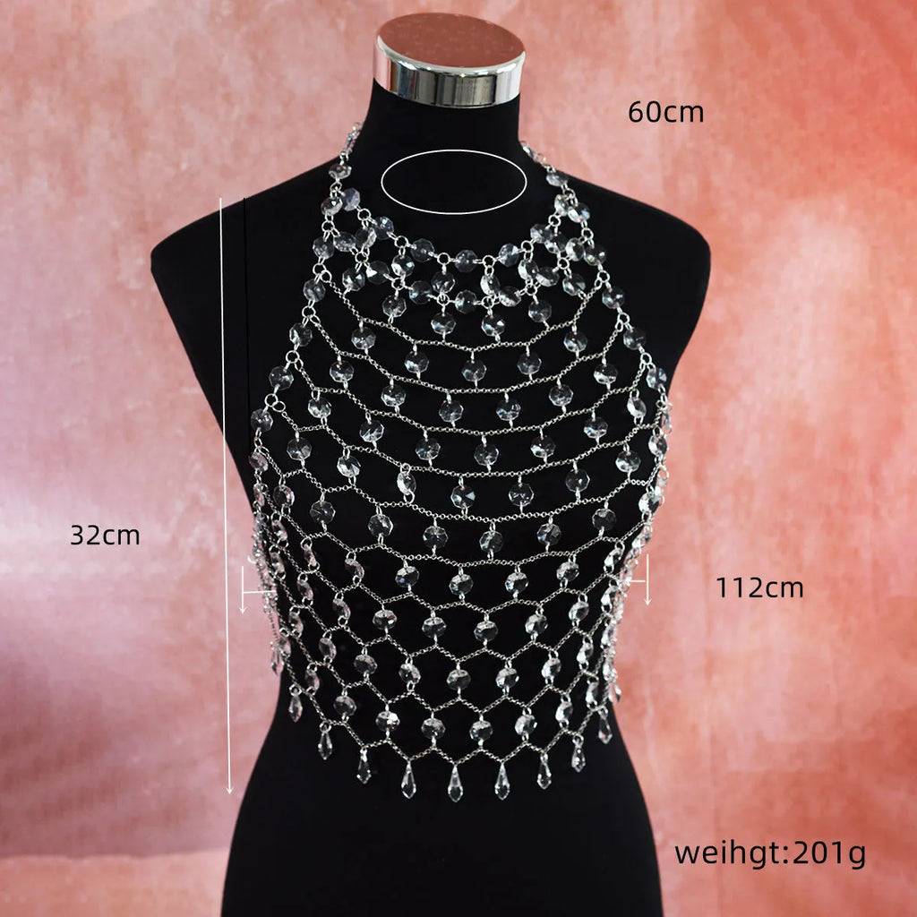 Transparent acrylic crystal body chain with hand-woven plastic and resin sequins in round shapes