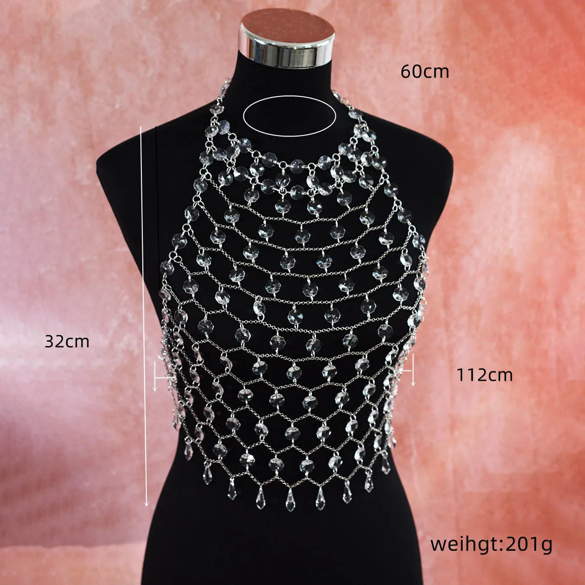 Transparent acrylic crystal body chain with hand-woven plastic and resin sequins in round shapes