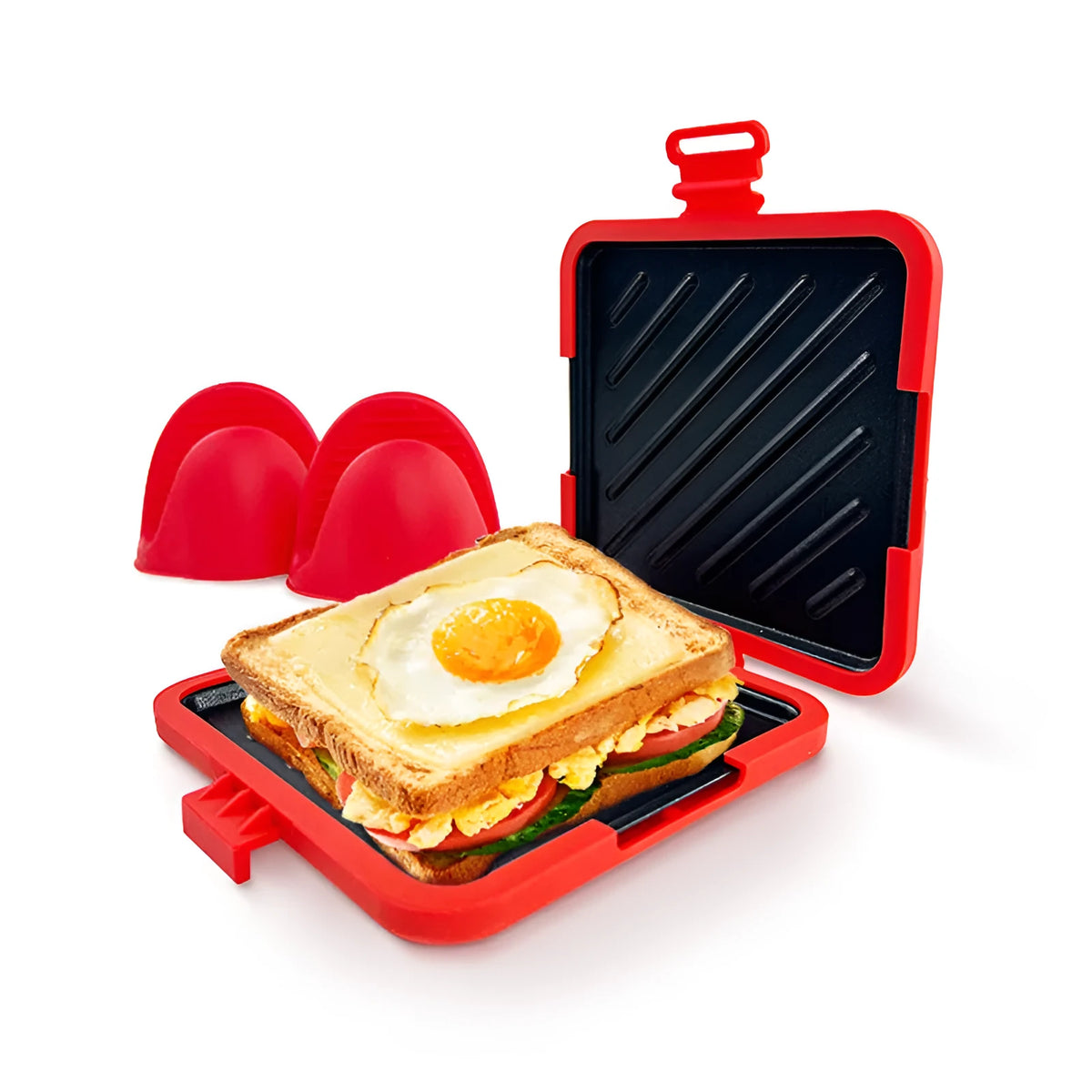 Anti-scald silicone baking tray with matching gloves in red blue orange on a kitchen counter