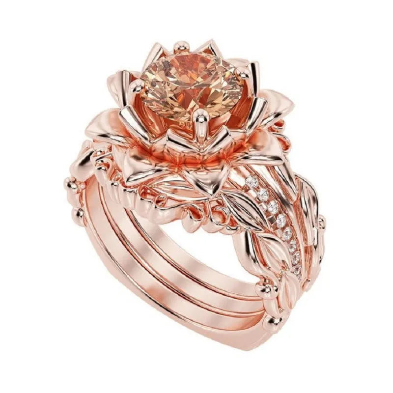 Women's floral geometric alloy ring with electroplated rose gold or rhinestone inlay on finger