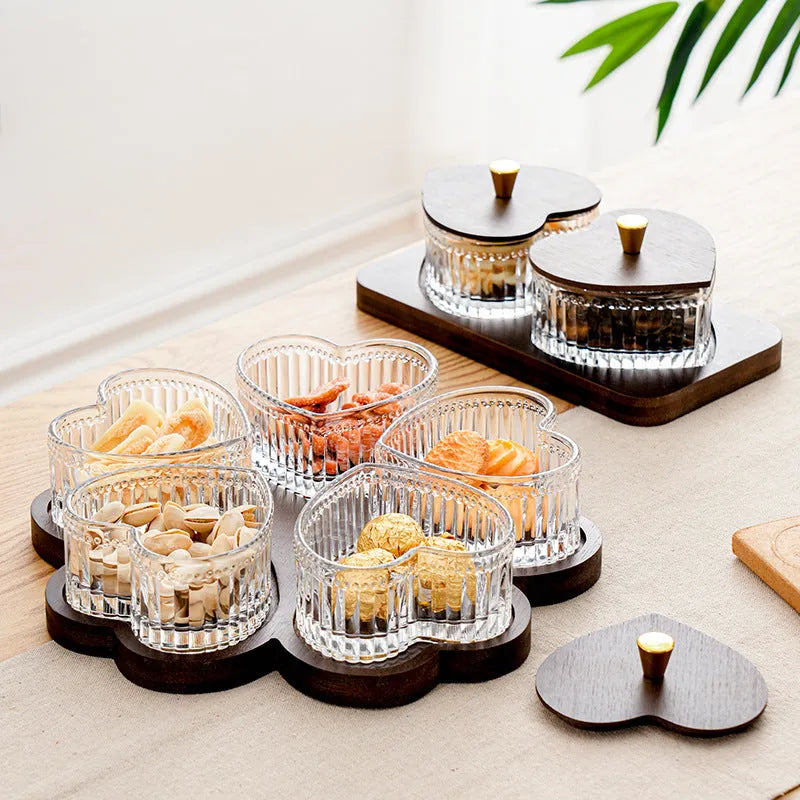 Glass fruit platter with transparent heart-shaped lids in mild luxury retro style with coloured glaze finish