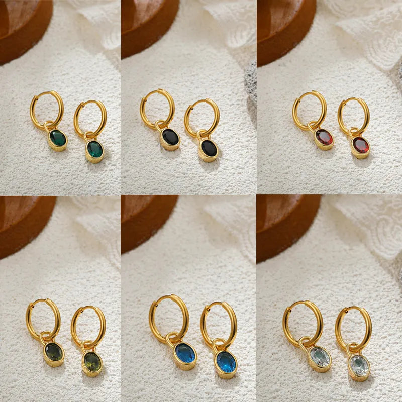 Women's retro simple oval zircon earrings in white, emerald, army green, black, red, blue copper base