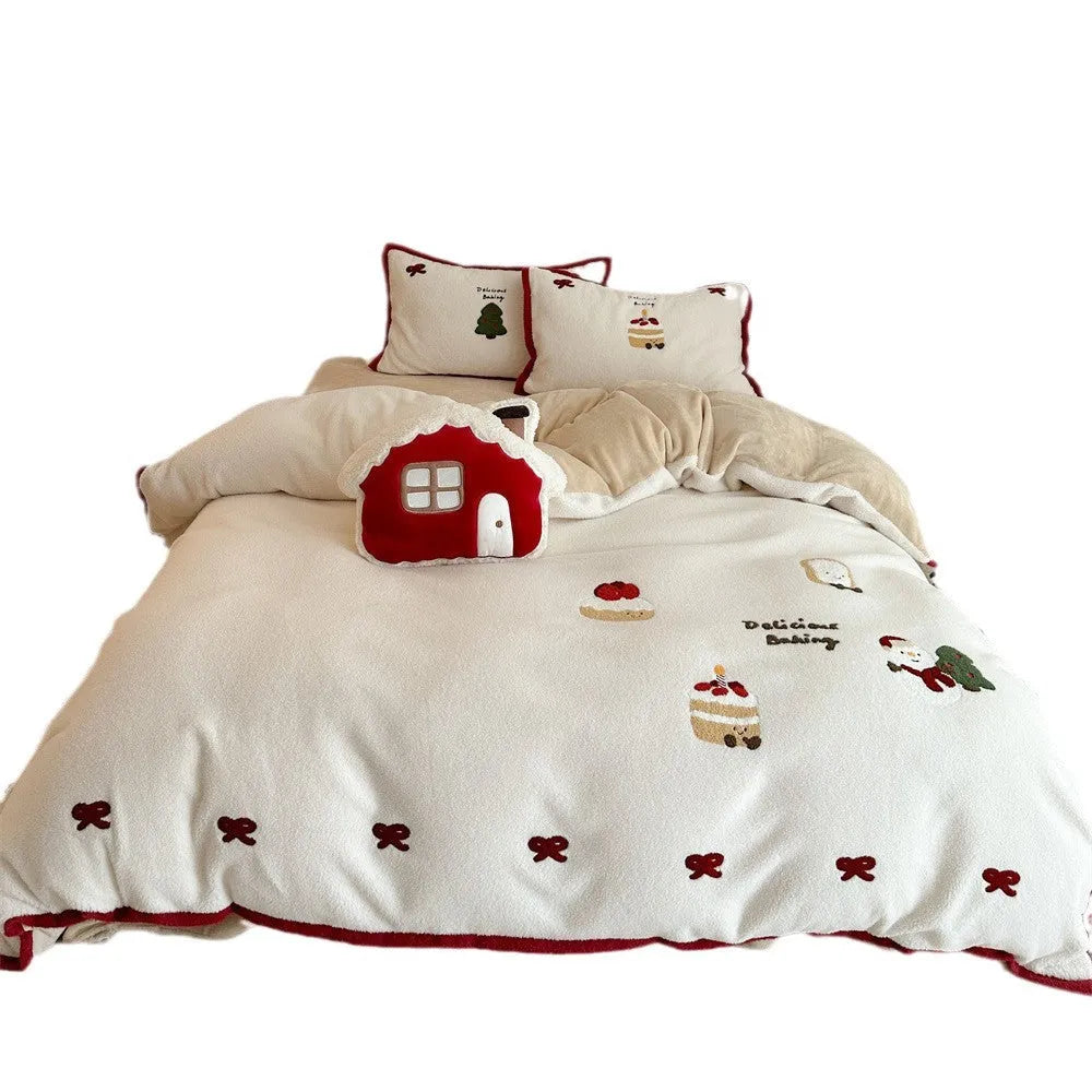 Cartoon heart pattern winter bedding four-piece set with quilt cover, bed sheet, and pillowcases