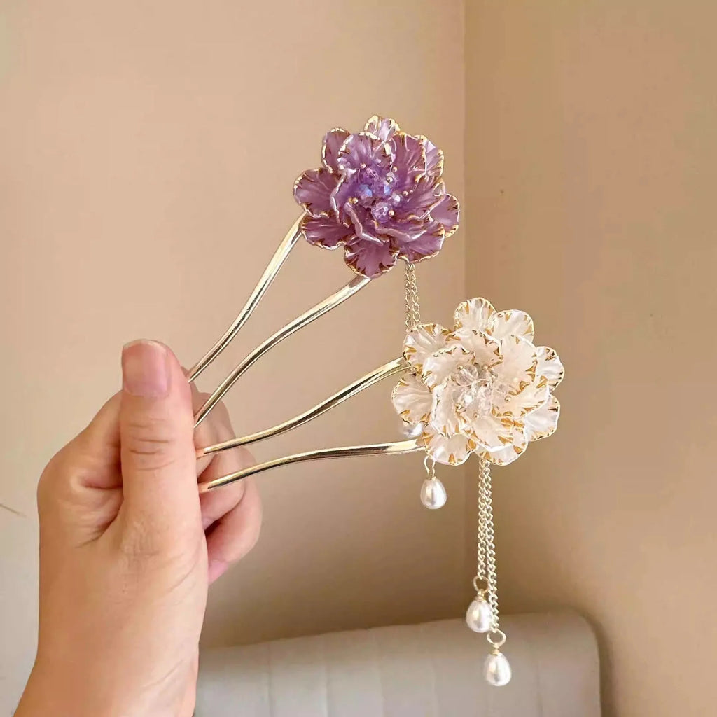 Purple and white peony flower U-shaped hairpin with retro tassel decoration on alloy barrette