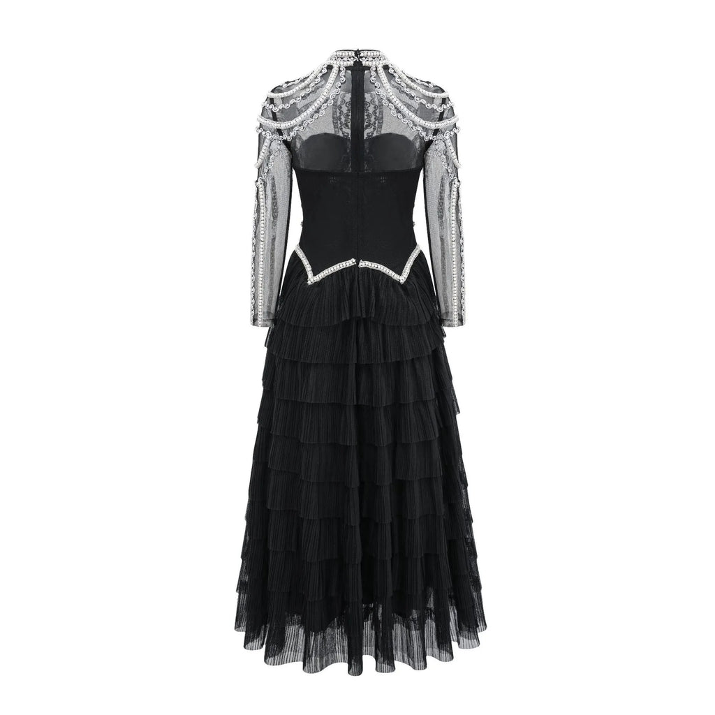 Women's black beaded long sleeve evening dress with full-length skirt and mid-waist design