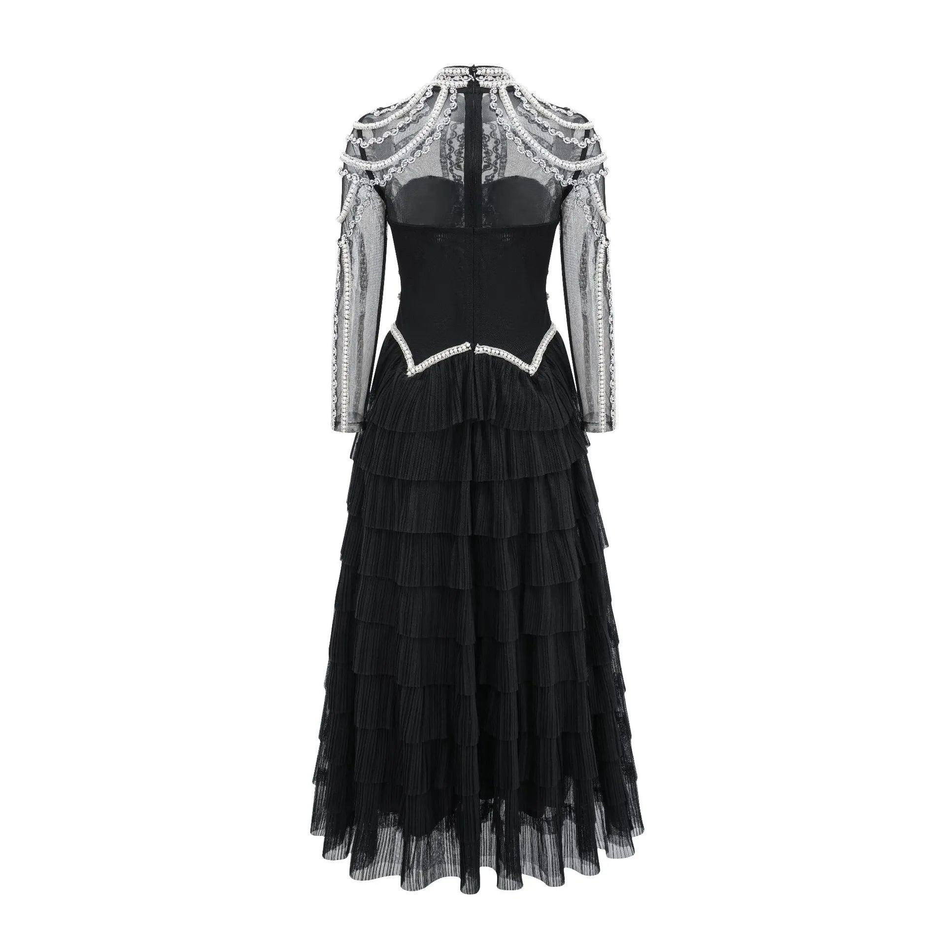 Women's black beaded long sleeve evening dress with full-length skirt and mid-waist design