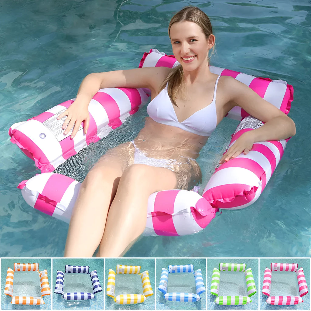 Inflatable four-tube deck chair floating on water with a striped pattern and mesh centre seat.
