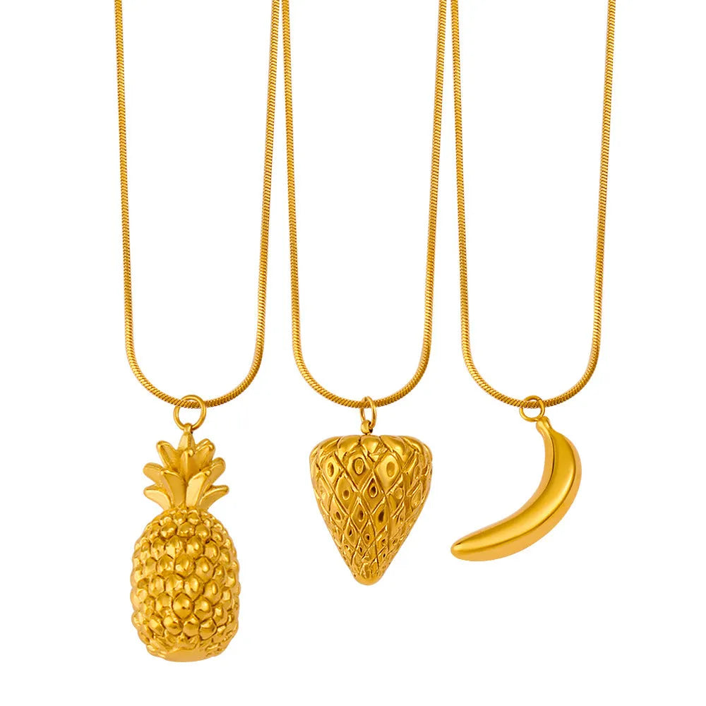 Stainless steel fruit necklace with colourful charm pendant showing six different fruit designs