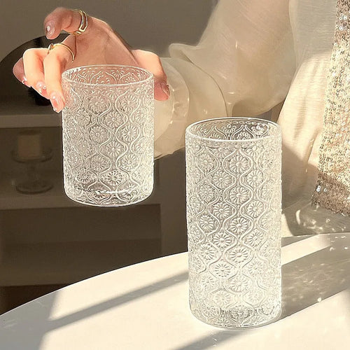 Begonia solid colour glass water cup shown in short 250ml and tall 360ml versions.
