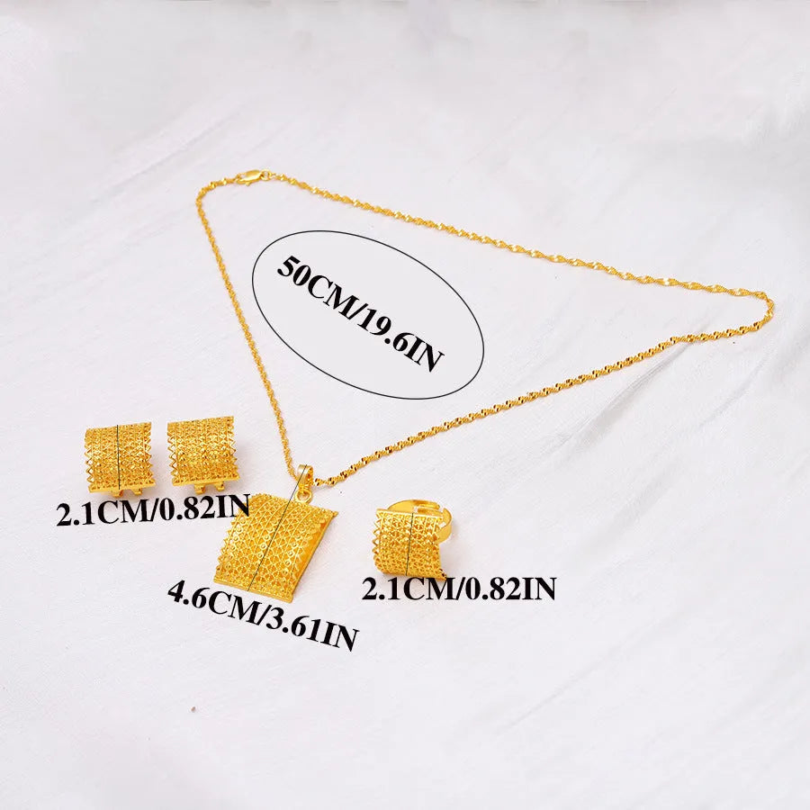 Golden copper bridal jewellery set featuring a necklace, pair of earrings, and a ring.