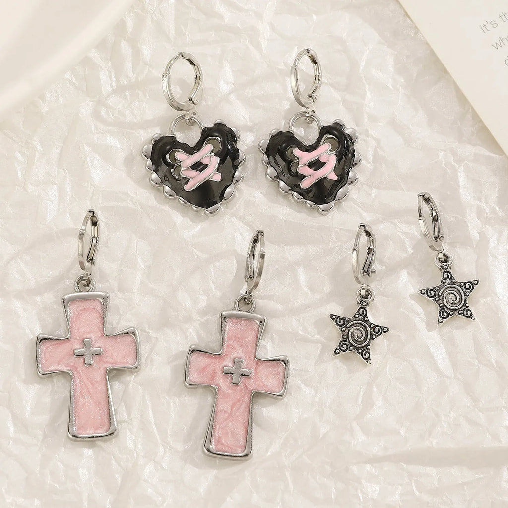 Women's alloy earrings with cross and heart designs in five colour variations including white, black cat, and antique silver