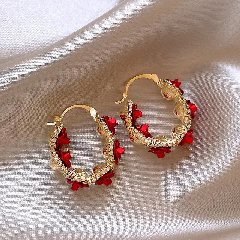Red floral alloy clip-on earrings with rose design F155-A colour