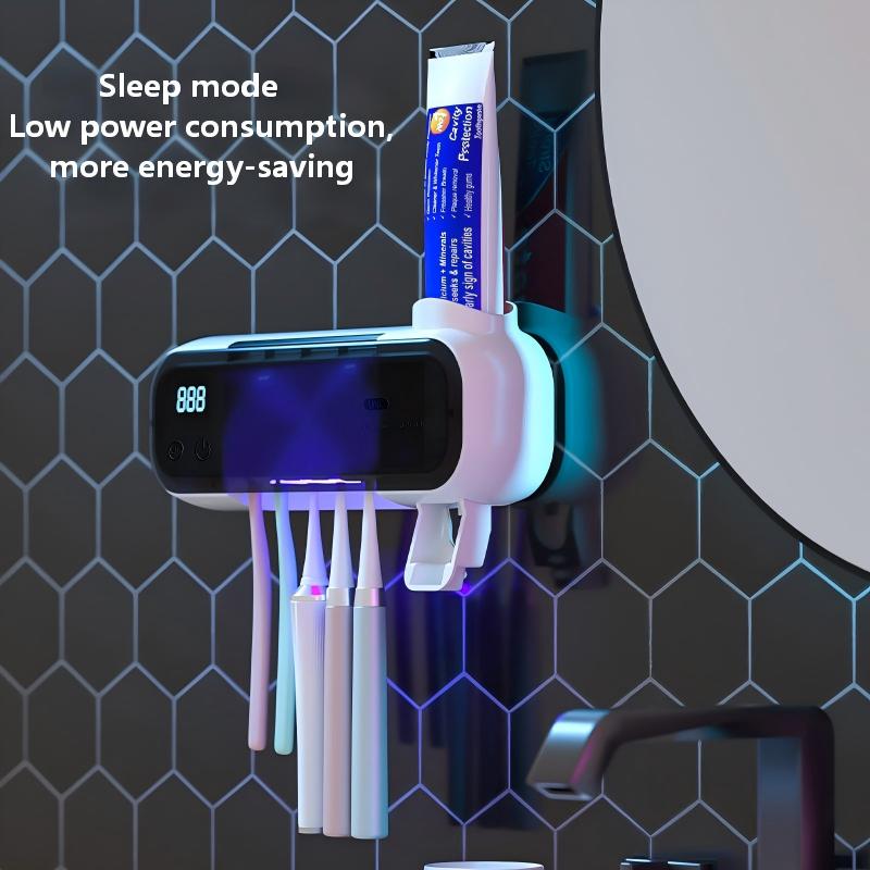 Drill-Free UV Toothbrush Steriliser & Air-Drying Holder - Wall-Mounted Bathroom Organiser & Tumbler Rack (USB Rechargeable)