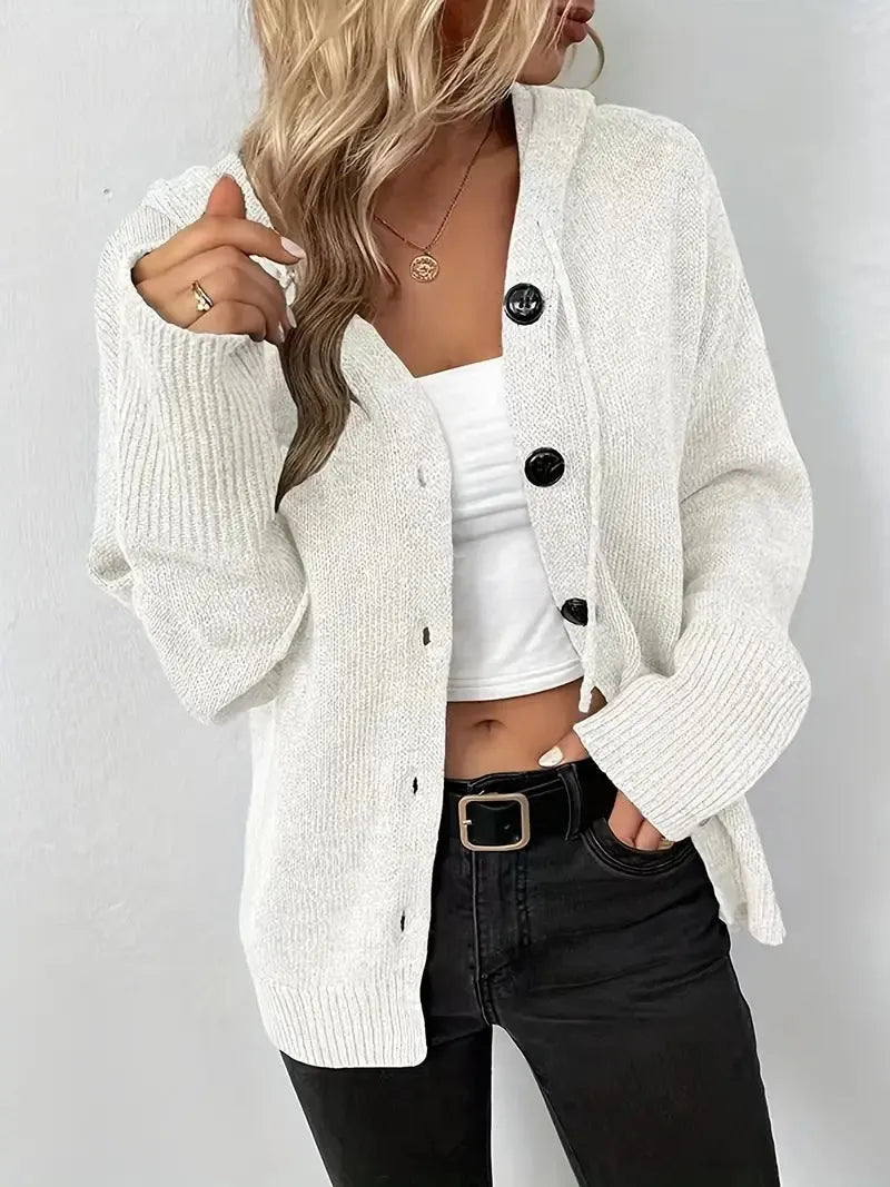 Thick grey hooded cotton cardigan sweater with a 3D pattern, shown unbuttoned.