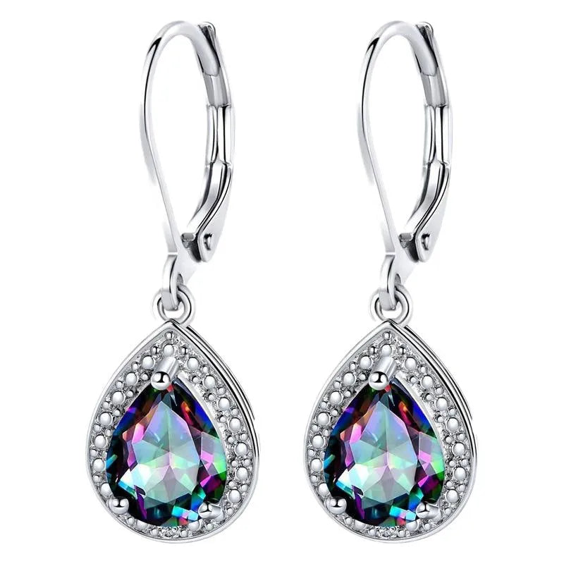 Platinum zinc alloy earrings with a coloured water drop stone in simple style