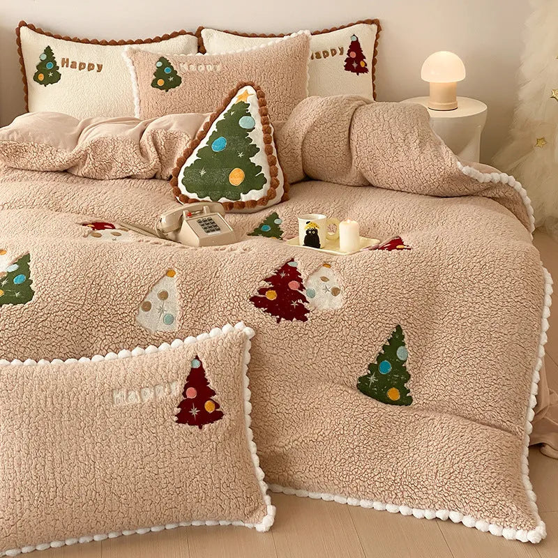 Bright yellow winter bedding set with Christmas tree pattern and fleece lining