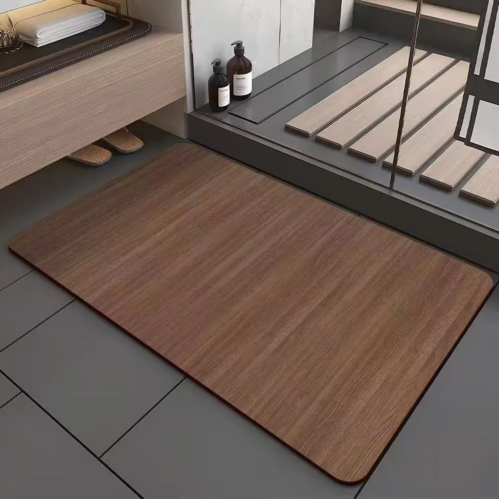 Square American-style floor mat with geometric wood grain pattern for bathroom doorway.