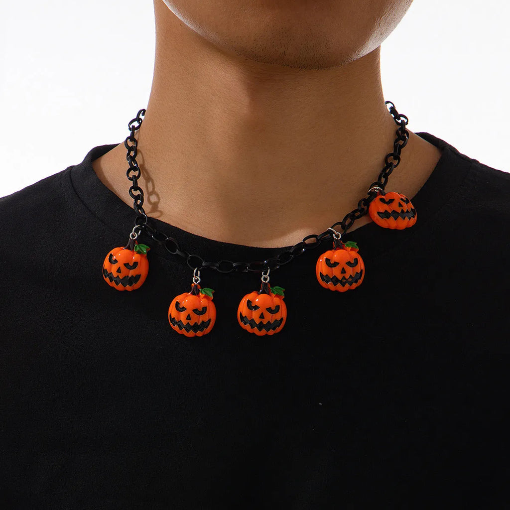 Halloween necklace with ghost and pumpkin acrylic pendant on regular chain in mixed colours