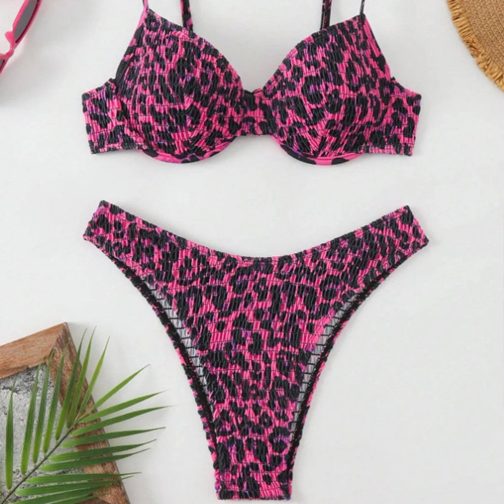 Leopard print bikini swimsuit set for women with backless design in brown mixed colour