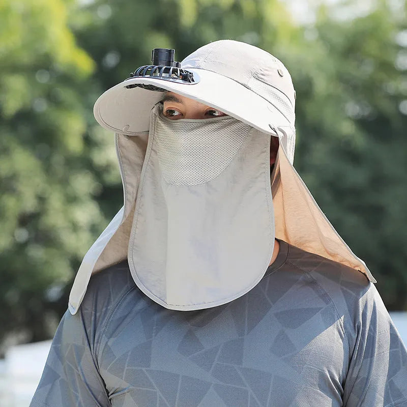 Men's khaki sun hat with built-in USB fan and fabric covering for neck and face.