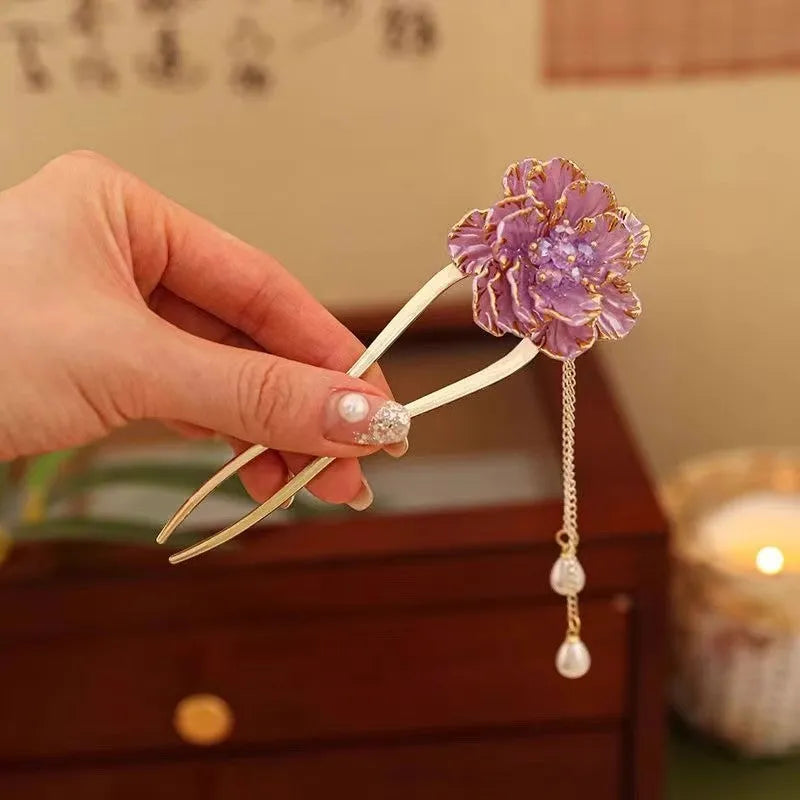 Purple and white peony flower U-shaped hairpin with retro tassel decoration on alloy barrette
