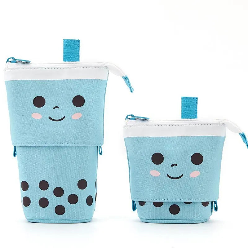 Canvas retractable pencil case with heart smiley face pattern in blue velvet milk tea colour