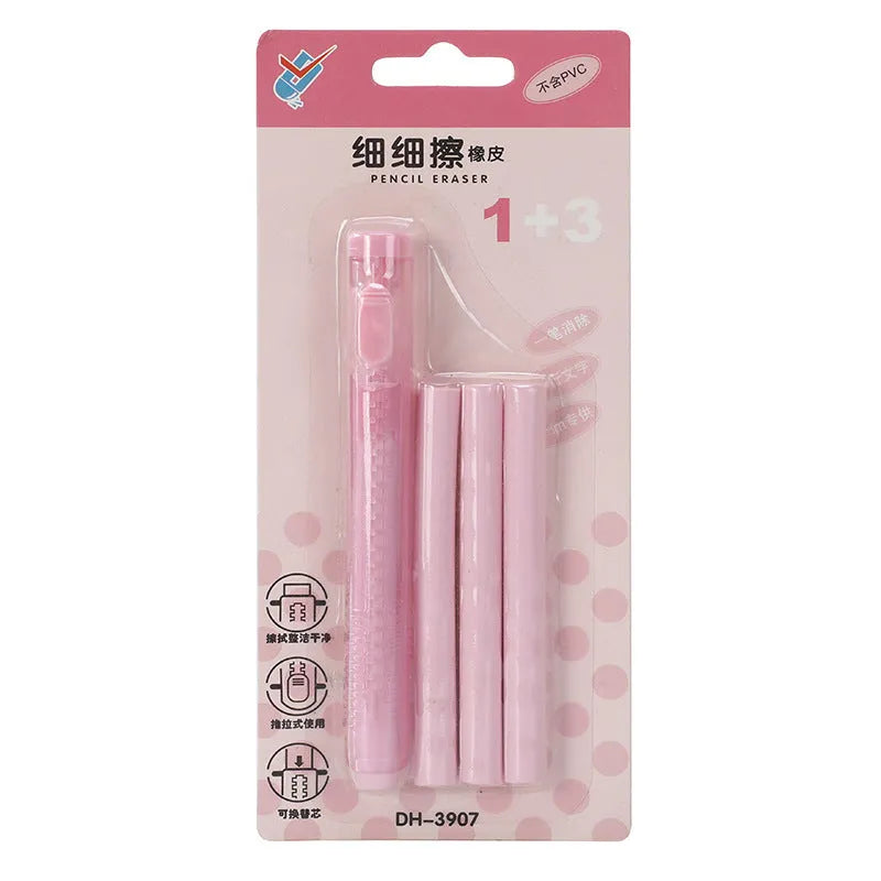 Blue push-type automatic children's eraser with traceless function, 12cm long.